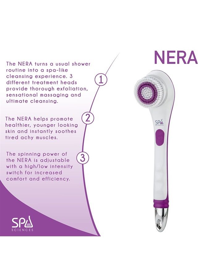Spa Sciences - NERA Powered Shower Brush - 3-in-1 Multifunction Back & Body Brush - Exfoliation, Cleansing, Massaging - for All Skin Types - Includes Body Brush, Loofah, & Pumice Stone - USB Charging - Image 2
