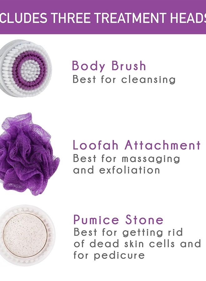 Spa Sciences - NERA Powered Shower Brush - 3-in-1 Multifunction Back & Body Brush - Exfoliation, Cleansing, Massaging - for All Skin Types - Includes Body Brush, Loofah, & Pumice Stone - USB Charging - Image 3