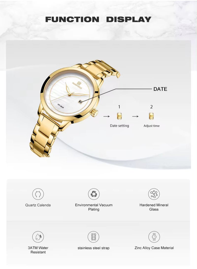NAVIFORCE - NAVIFORCE Women Fashion Minimalist Waterproof Wrist Watch Analog Date with Stainless Steel Mesh Band NF5008 - Gold - Image 1