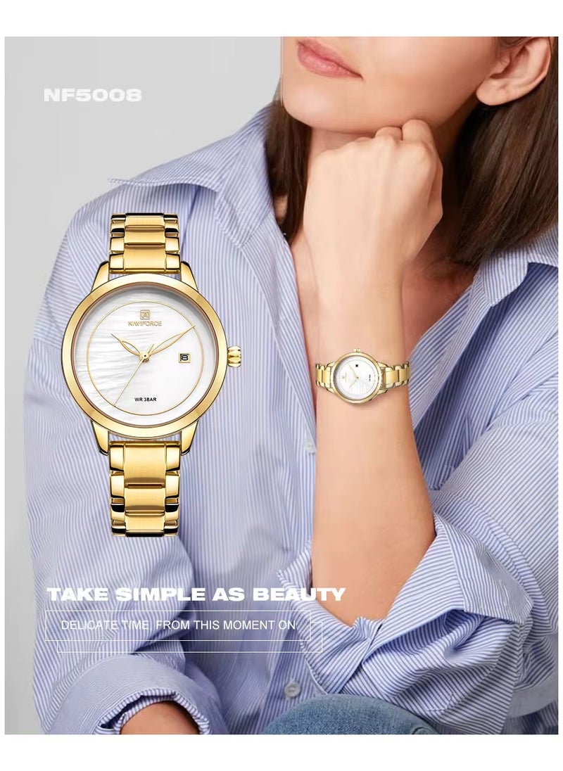 NAVIFORCE - NAVIFORCE Women Fashion Minimalist Waterproof Wrist Watch Analog Date with Stainless Steel Mesh Band NF5008 - Gold - Image 1