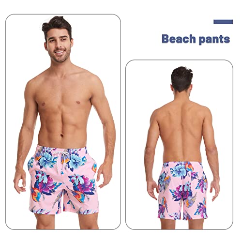 FEIXIANG Mens Quick Dry Swim Trunk with Breathable Mesh Lining Beach Shorts with Pockets Pink - Image 2