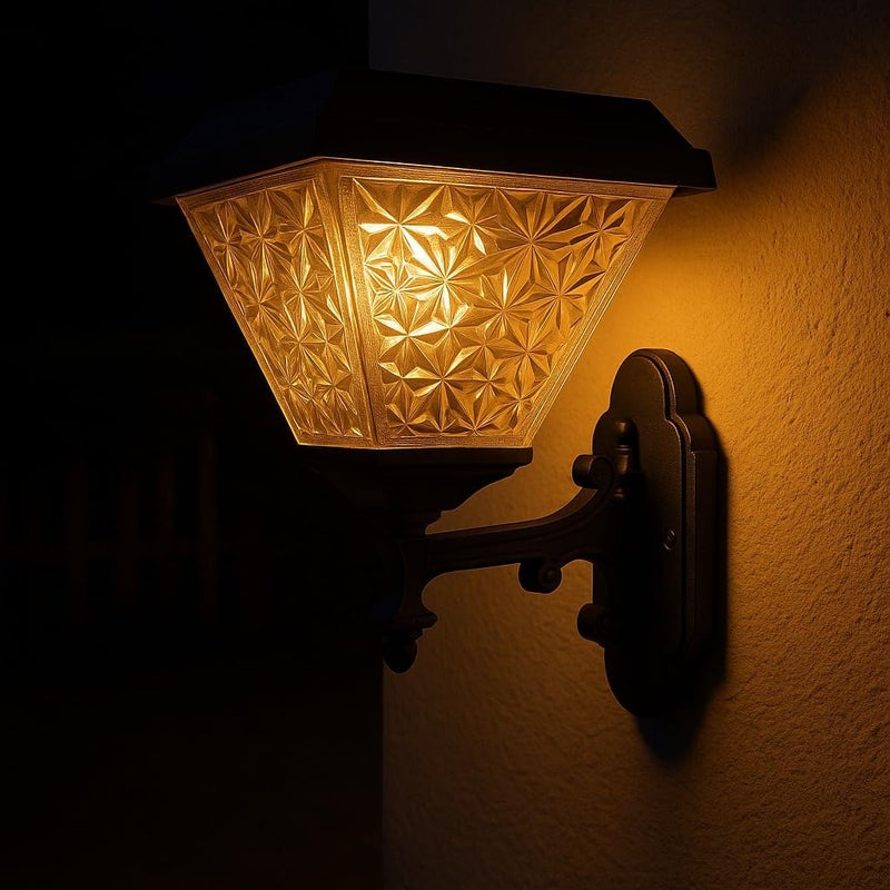 Outdoor Solar Wall Light with Decorative Glass Panel and Black Metal Mounting - Image 3