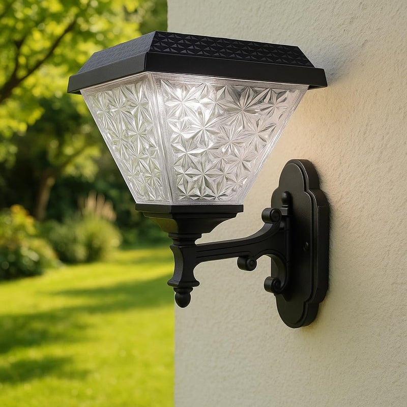 Outdoor Solar Wall Light with Decorative Glass Panel and Black Metal Mounting - Image 1