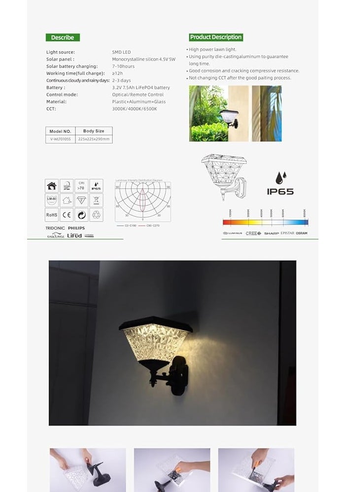 Outdoor Solar Wall Light with Decorative Glass Panel and Black Metal Mounting - Image 4