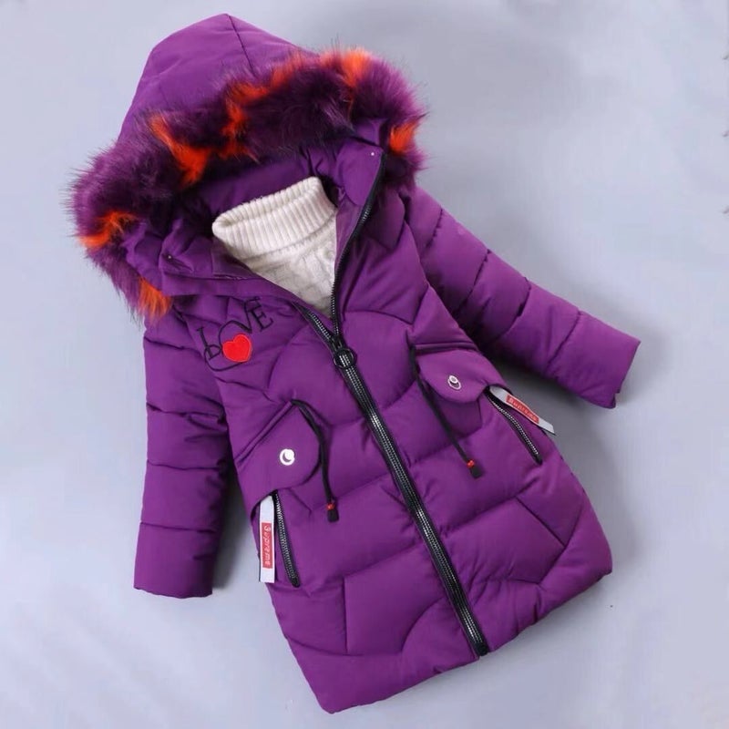 Winter New Girls Cotton-padded Clothes Korean Style Mid-length Thickened Letter Colorful Wool Collar Warm Cotton-padded Coat for Middle and Large Children Purple 