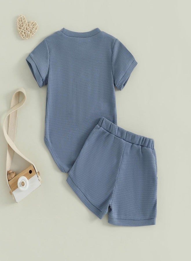 MERSARIPHY Newborn Baby Boy Summer Clothes Mama's Boy Little Dude Short Sleeve Romper Shorts Set Infant Waffle Knit Outfit (Blue-mama's boy, 0-3 Months) - Image 3