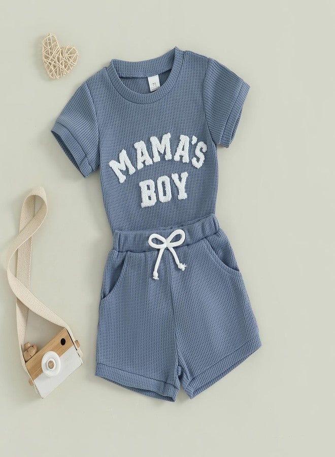 MERSARIPHY Newborn Baby Boy Summer Clothes Mama's Boy Little Dude Short Sleeve Romper Shorts Set Infant Waffle Knit Outfit (Blue-mama's boy, 0-3 Months) - Image 2