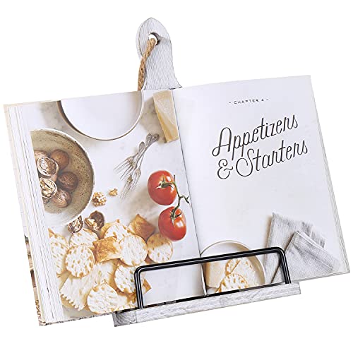 Soligt Cookbook Stand for Kitchen Counter Adjustable Recipe Book Holder Rustic Wood Cutting Board Style - White - Image 1
