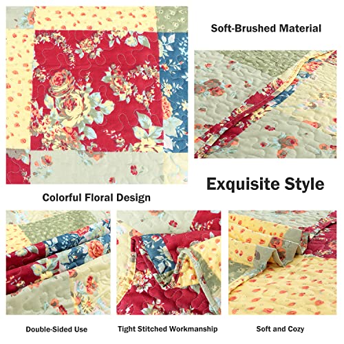 Cmfshape Summer Floral Queen Quilted Bedspread,Romantic Pink Quilt Set,Reversible Stitched Bedding Cover All Season,Soft Lightweight Coverlet with Pillow Cases (Yellow&Green, Queen(90"x90")) - Image 4