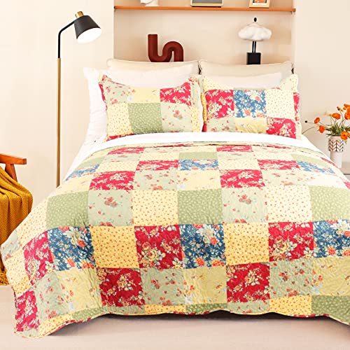 Cmfshape Summer Floral Queen Quilted Bedspread,Romantic Pink Quilt Set,Reversible Stitched Bedding Cover All Season,Soft Lightweight Coverlet with Pillow Cases (Yellow&Green, Queen(90"x90")) - Image 1