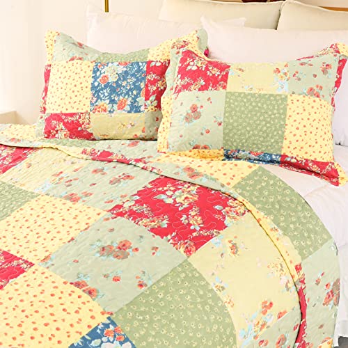 Cmfshape Summer Floral Queen Quilted Bedspread,Romantic Pink Quilt Set,Reversible Stitched Bedding Cover All Season,Soft Lightweight Coverlet with Pillow Cases (Yellow&Green, Queen(90"x90")) - Image 2