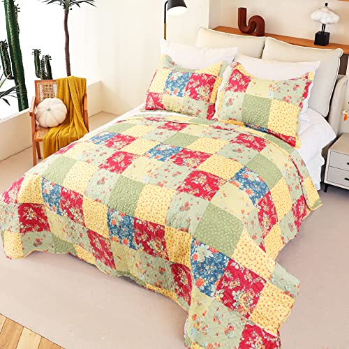 Cmfshape Summer Floral Queen Quilted Bedspread,Romantic Pink Quilt Set,Reversible Stitched Bedding Cover All Season,Soft Lightweight Coverlet with Pillow Cases (Yellow&Green, Queen(90"x90")) - Image 3