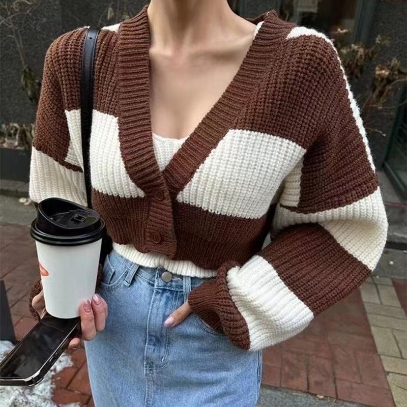 South Korea Dongdaemun Womens 2023 Autumn New Two-Piece Sweater Striped Short Fashion Knitted Suit Curry - Image 1