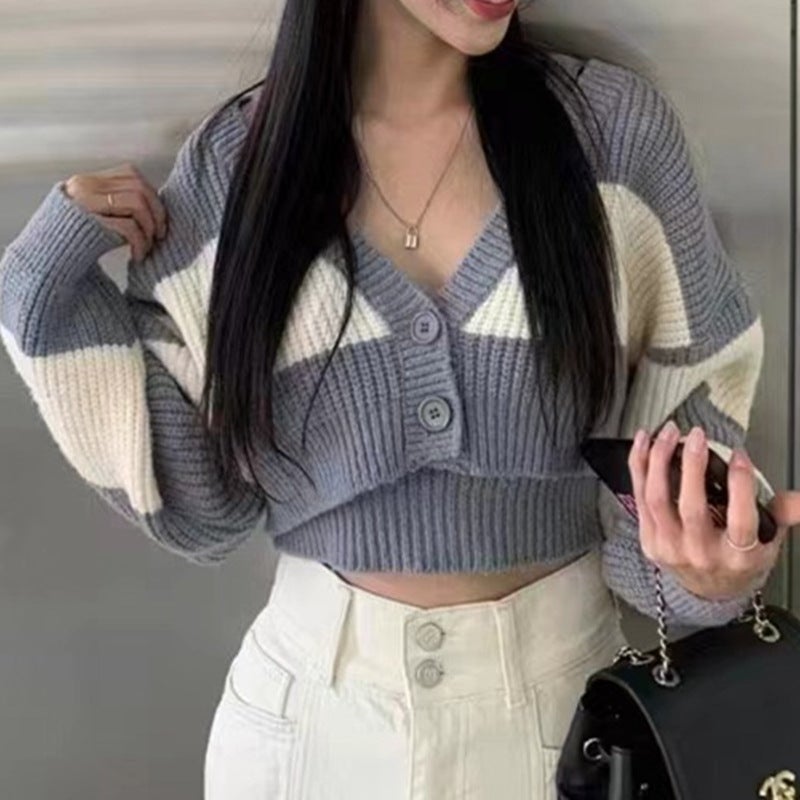 South Korea Dongdaemun Womens 2023 Autumn New Two-Piece Sweater Striped Short Fashion Knitted Suit Curry - Image 5