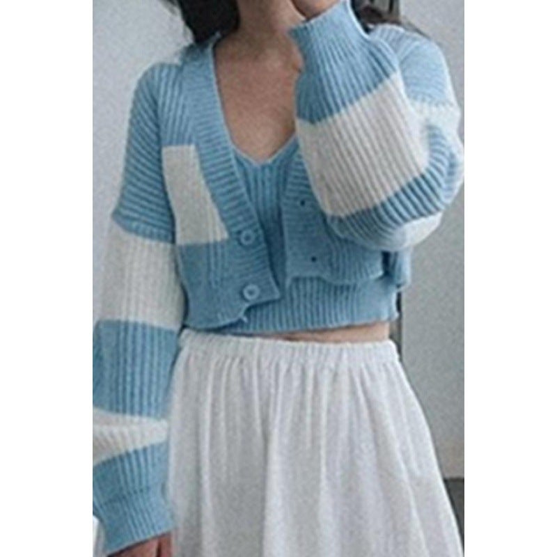 South Korea Dongdaemun Womens 2023 Autumn New Two-Piece Sweater Striped Short Fashion Knitted Suit Curry - Image 2
