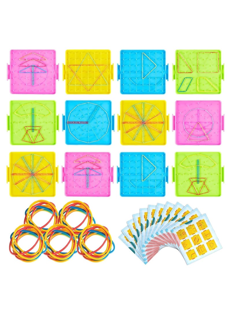Double Sided Geoboard Graphical Mathematical Education Toy, Array Block Geo Board with Rubber Bands, Manipulatives Toy for Geometry, 12 Pcs - Image 1