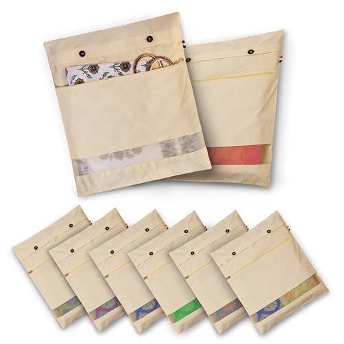 SOLSTICE Cotton Saree Bags/Covers With Zip For Storage - Double Pocket Twist, Big Size (18 X 15 Inches) And Transparent Mesh Window Set Of 8, Beige - Image 1