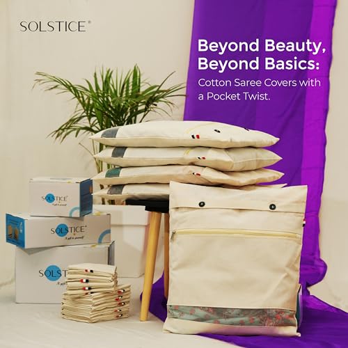 SOLSTICE Cotton Saree Bags/Covers With Zip For Storage - Double Pocket Twist, Big Size (18 X 15 Inches) And Transparent Mesh Window Set Of 8, Beige - Image 5