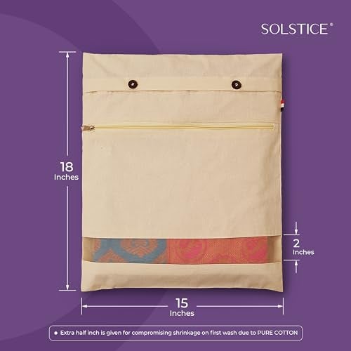 SOLSTICE Cotton Saree Bags/Covers With Zip For Storage - Double Pocket Twist, Big Size (18 X 15 Inches) And Transparent Mesh Window Set Of 8, Beige - Image 2
