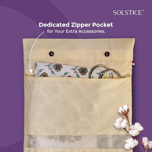 SOLSTICE Cotton Saree Bags/Covers With Zip For Storage - Double Pocket Twist, Big Size (18 X 15 Inches) And Transparent Mesh Window Set Of 8, Beige - Image 4