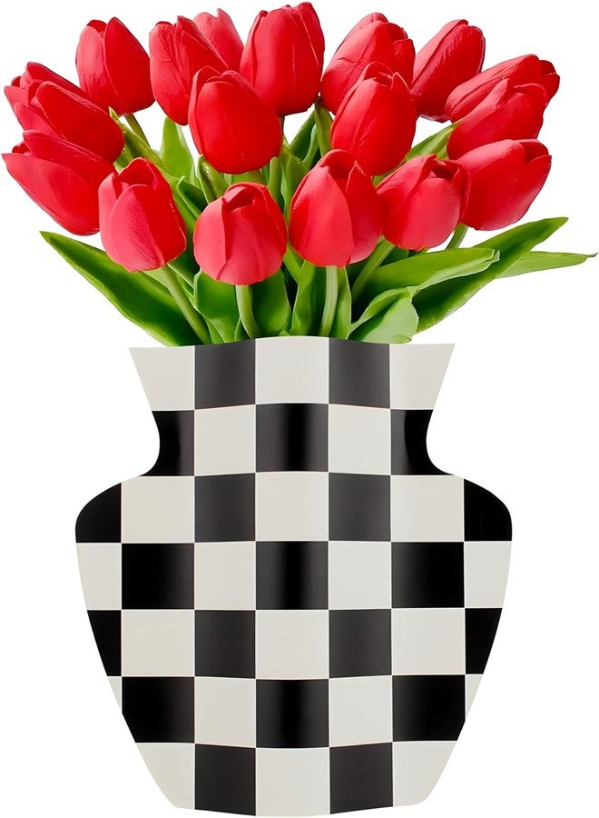 CENELO Paper Flower Vase, Handmade Cover Vase for Flowers,Modern Flower Vase for Centerpieces, Waterproof Craft Vase for Home Decor Living Room Bedroom - Checkerboard - Image 1
