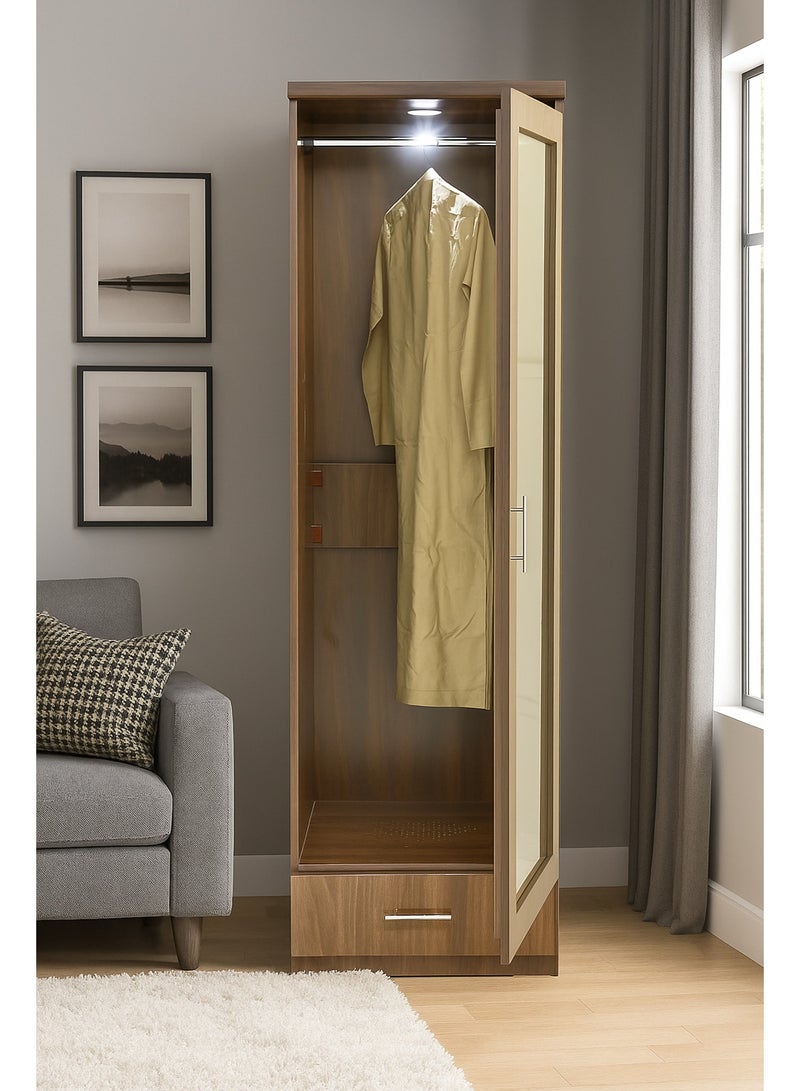 AFT Modern Bakhoor Wardrobe with LED Lighting, Perforated Base, and Fragrance Ventilation System.  Modern Bakhoor Wardrobe is ideal for those who appreciate the traditional practice of using bakhoor while maintaining a contemporary, organized living space. Whether you’re looking to enhance your room’s aesthetic or enjoy the practical benefits of scent-infused clothing, this wardrobe is the perfect blend of style, functionality, and luxury. Dark Oak (Arfan) - Image 1