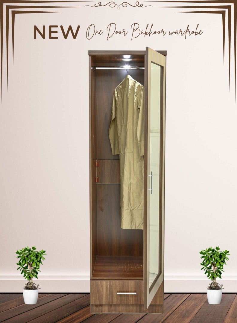 AFT Modern Bakhoor Wardrobe with LED Lighting, Perforated Base, and Fragrance Ventilation System.  Modern Bakhoor Wardrobe is ideal for those who appreciate the traditional practice of using bakhoor while maintaining a contemporary, organized living space. Whether you’re looking to enhance your room’s aesthetic or enjoy the practical benefits of scent-infused clothing, this wardrobe is the perfect blend of style, functionality, and luxury. Dark Oak (Arfan) - Image 3