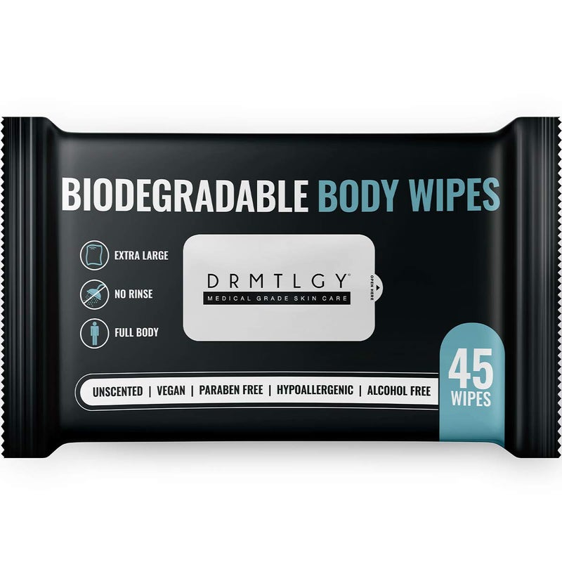 DRMTLGY Body and Face Shower Wipes for Women and Men - 45 Wipes. XTRA Large Biodegradable No Rinse Cleasning Wipes For Camping, Sports, Traveling, and more! - Image 1