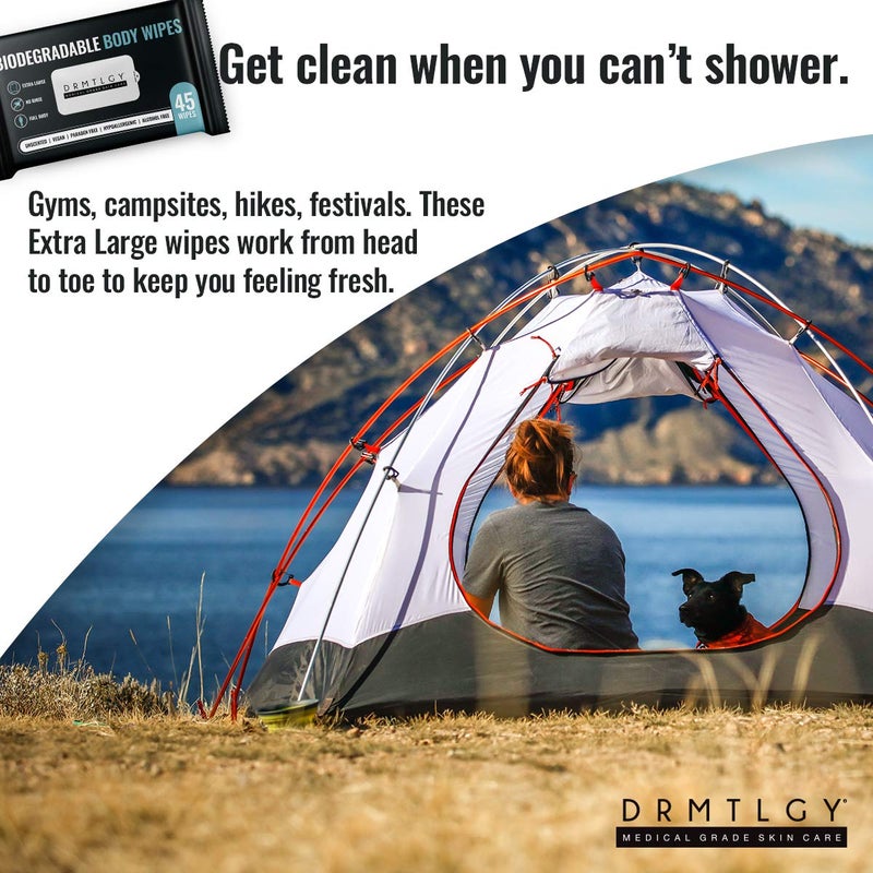 DRMTLGY Body and Face Shower Wipes for Women and Men - 45 Wipes. XTRA Large Biodegradable No Rinse Cleasning Wipes For Camping, Sports, Traveling, and more! - Image 2