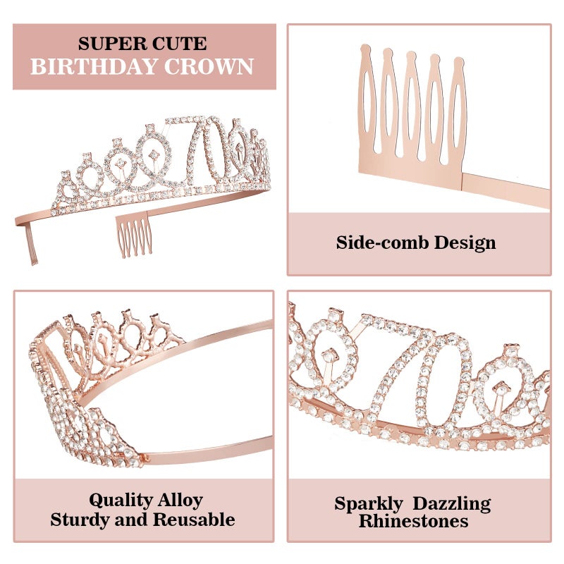 Juesly 70th Birthday Decorations for Women, Including Sash, Crown/Tiara, Candles, Cake Topper, 70th Birthday Gifts for Women - Image 3