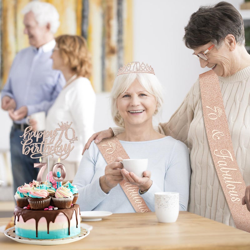 Juesly 70th Birthday Decorations for Women, Including Sash, Crown/Tiara, Candles, Cake Topper, 70th Birthday Gifts for Women - Image 2