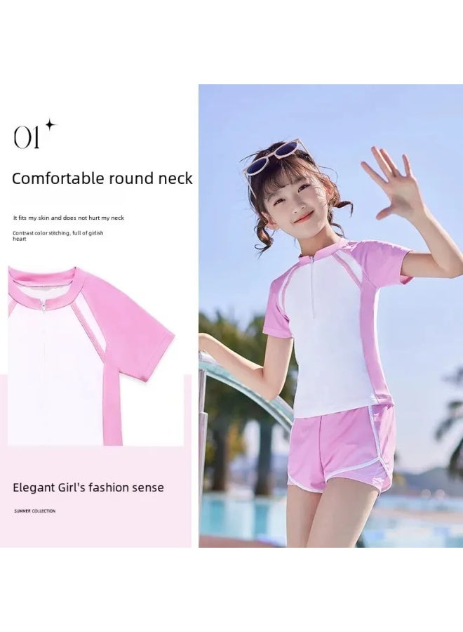 Loquat Girls' Swimsuit Split Two-piece Sports Style Flat-angle Conservative Girls' Small, Middle And Big Kids Casual Swimwear-Color:Pink- - Image 4