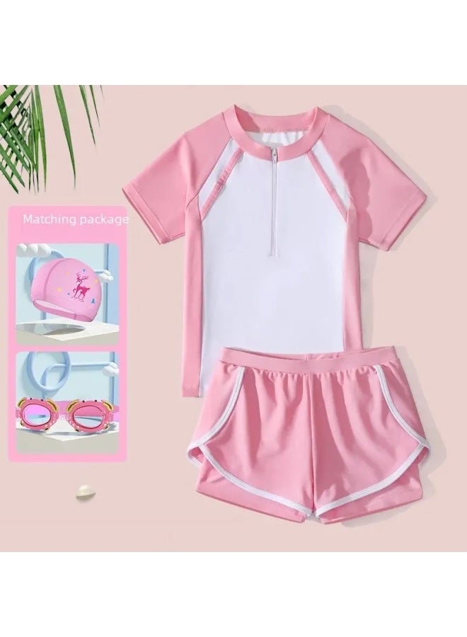 Loquat Girls' Swimsuit Split Two-piece Sports Style Flat-angle Conservative Girls' Small, Middle And Big Kids Casual Swimwear-Color:Pink- - Image 3