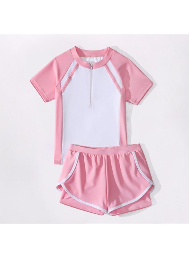 Loquat Girls' Swimsuit Split Two-piece Sports Style Flat-angle Conservative Girls' Small, Middle And Big Kids Casual Swimwear-Color:Pink- - Image 1