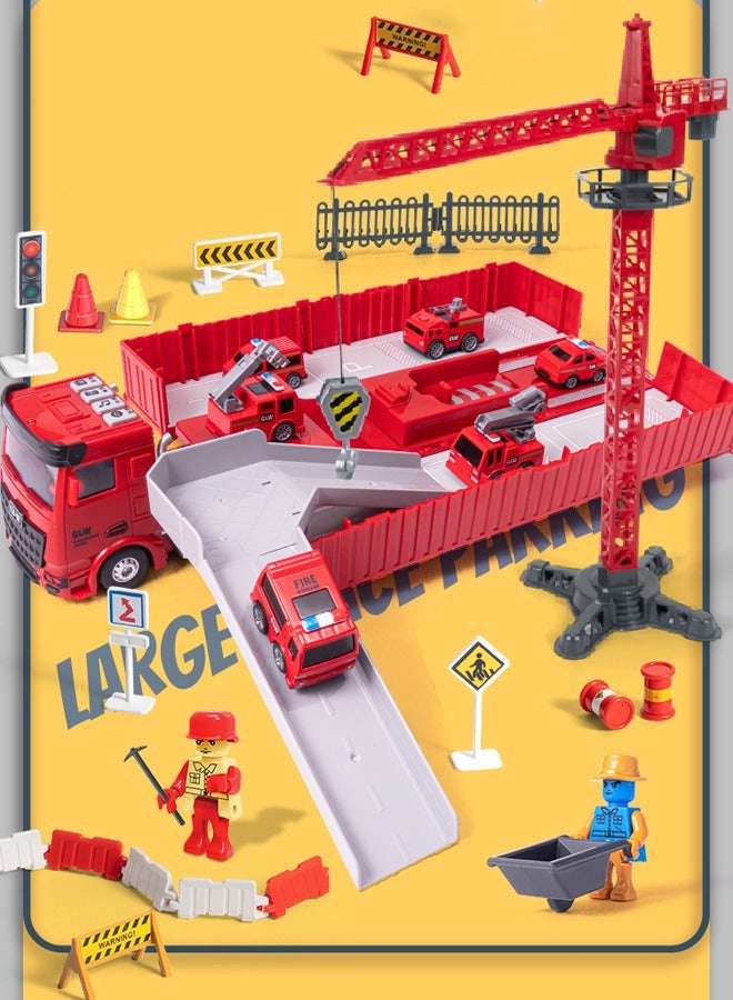 Beauenty Container Truck Playset Fire Container Truck Toys Foldable Truck Toys With Crane Inertial Drive With Lights and Music - Image 1