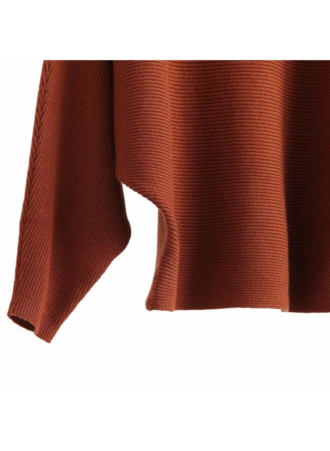 Ckikiou Womens Lightweight Oversized Boat Neck Sweaters Tops Dolman Batwing Sleeve Ribbed Knitted Pullovers, Caramel, One size - Image 2