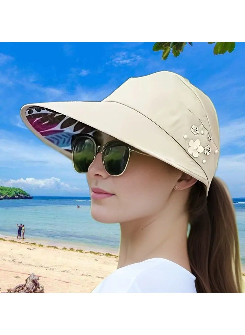 Goolsky 1Pc Beaded Flower Decor Visor Hats: Trendy Solid Color Summer Sun Hat with UV Protection, Foldable and Suitable for Daily Outdoor Use（Beige)  - Image 2