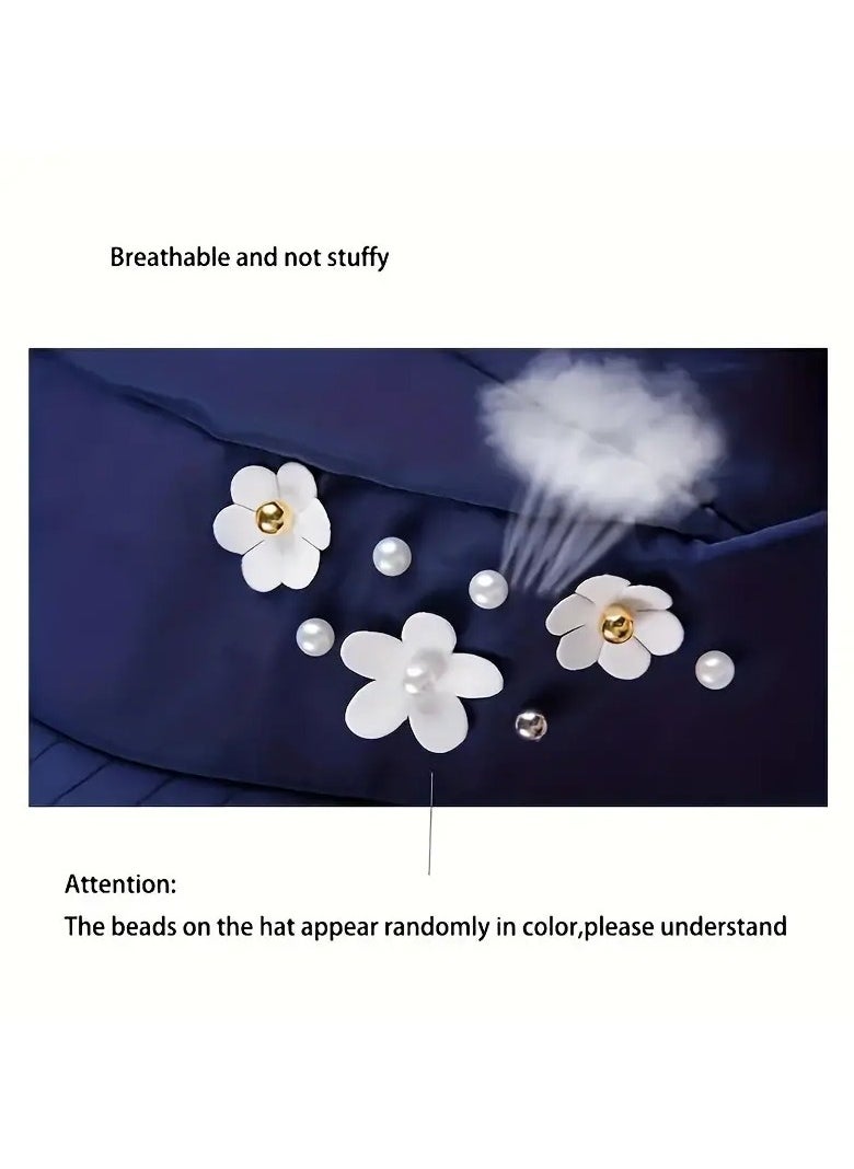 Goolsky 1Pc Beaded Flower Decor Visor Hats: Trendy Solid Color Summer Sun Hat with UV Protection, Foldable and Suitable for Daily Outdoor Use（Beige)  - Image 3