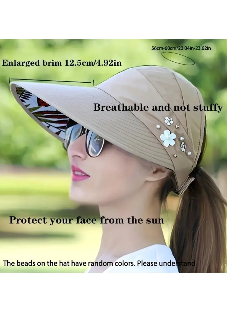 Goolsky 1Pc Beaded Flower Decor Visor Hats: Trendy Solid Color Summer Sun Hat with UV Protection, Foldable and Suitable for Daily Outdoor Use（Beige)  - Image 5