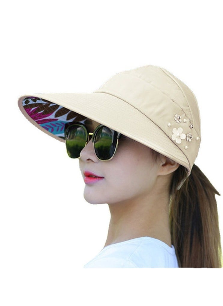 Goolsky 1Pc Beaded Flower Decor Visor Hats: Trendy Solid Color Summer Sun Hat with UV Protection, Foldable and Suitable for Daily Outdoor Use（Beige)  - Image 4