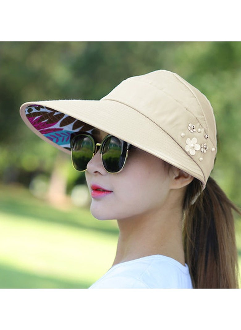 Goolsky 1Pc Beaded Flower Decor Visor Hats: Trendy Solid Color Summer Sun Hat with UV Protection, Foldable and Suitable for Daily Outdoor Use（Beige)  - Image 1