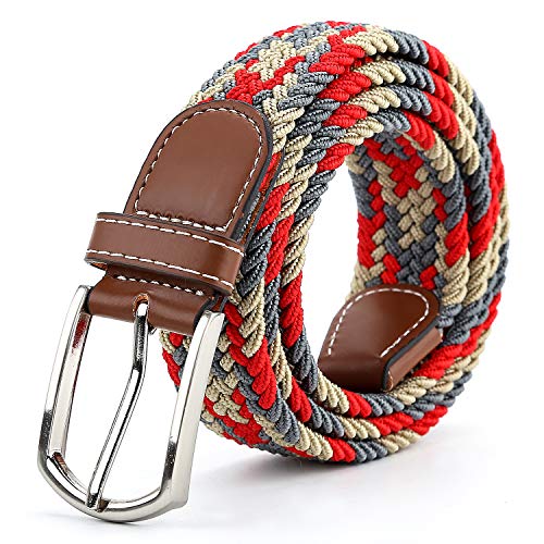 Radmire Braided Canvas Woven Elastic Stretch Belts for Men/Women/Junior with Multicolored (Red-Gray-Khaki, Medium/32-34" Waist) - Image 1