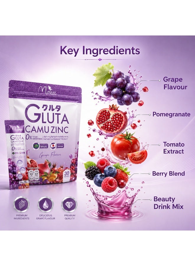 Manee Gluta Camuzinc 0% Sugar Grape Beauty Drink Mix With Glutathione, Collagen, Zinc & Camu Camu - Image 3