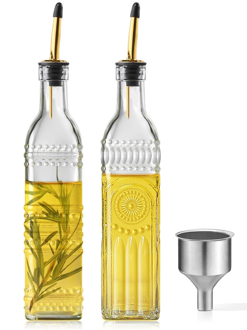 Ruiao 2 Pcs Olive Oil Dispenser Bottle for Kitchen,17oz Clear Glass Cooking Oil and Vinegar Dispenser Set, Coffee Syrup Dispenser with 2 Pourers and 1 Funnel (Two squares) - Image 1