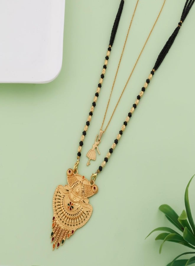 MALKYN Women's Gold Plated Floral Motif Mangalsutra with Red Enamel Accents and Ballerina Pendant Layered Necklace Set, Traditional Black Beaded Indian Jewelry-MD-121 - Image 2