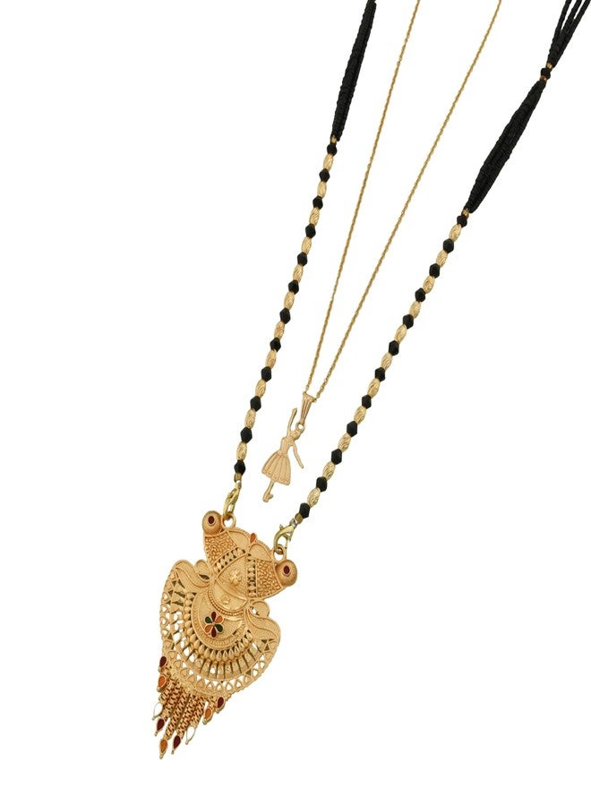 MALKYN Women's Gold Plated Floral Motif Mangalsutra with Red Enamel Accents and Ballerina Pendant Layered Necklace Set, Traditional Black Beaded Indian Jewelry-MD-121 - Image 1