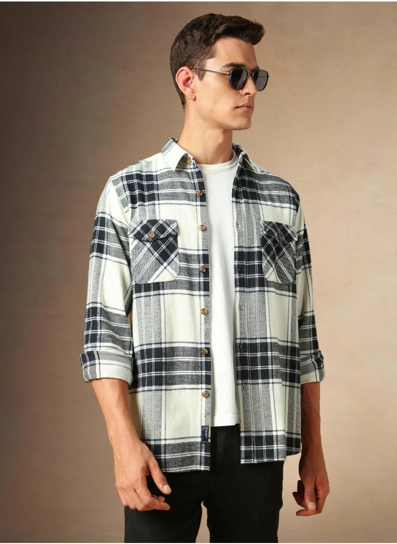 دينيس لينغو Men's White 100% Cotton Checkered Shirt