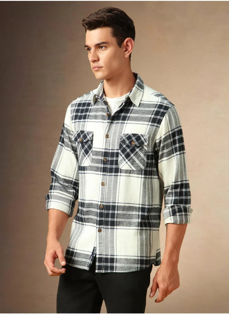 دينيس لينغو Men's White 100% Cotton Checkered Shirt