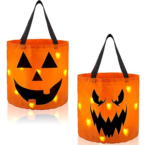 JOYIN 2 PCS Halloween Trick or Treat Bags 10 x 118 inches LED Light Orange Pumpkin Buckets Reusable Goody Candy Bucket for Kids Trick or Treating Halloween Birthday Party Favor Supplies - Image 1