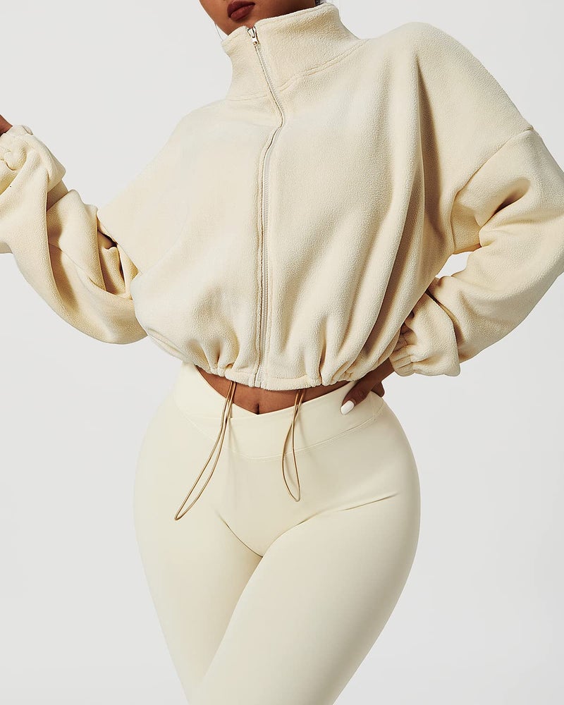 QINSEN Women's Polar Fleece Bomber Jacket Full Zip Stand Collar Short Coat Cozy Winter Warm Outwear Beige M - Image 4
